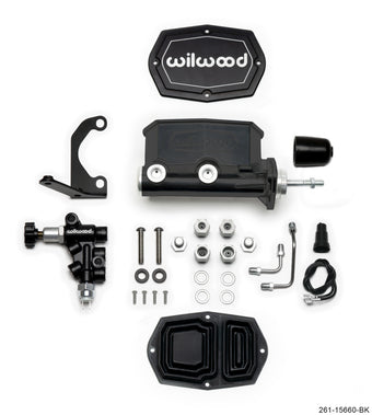 compare product Wilwood Compact Tandem M/C - 15/16in Bore w/RH Bracket and Valve (Pushrod) - Black