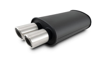 compare product Vibrant Streetpower Flat Blk Muffler 9x5x15in Body 2.5in Inlet ID 3in Tip OD w/Dual Angle Tips