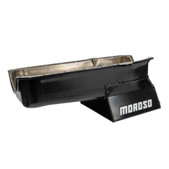 compare product Moroso 80-85 Chevrolet SBC (w/Passenger Side Dipstick) Wet Sump 7qt 8.25in Steel Oil Pan - Black