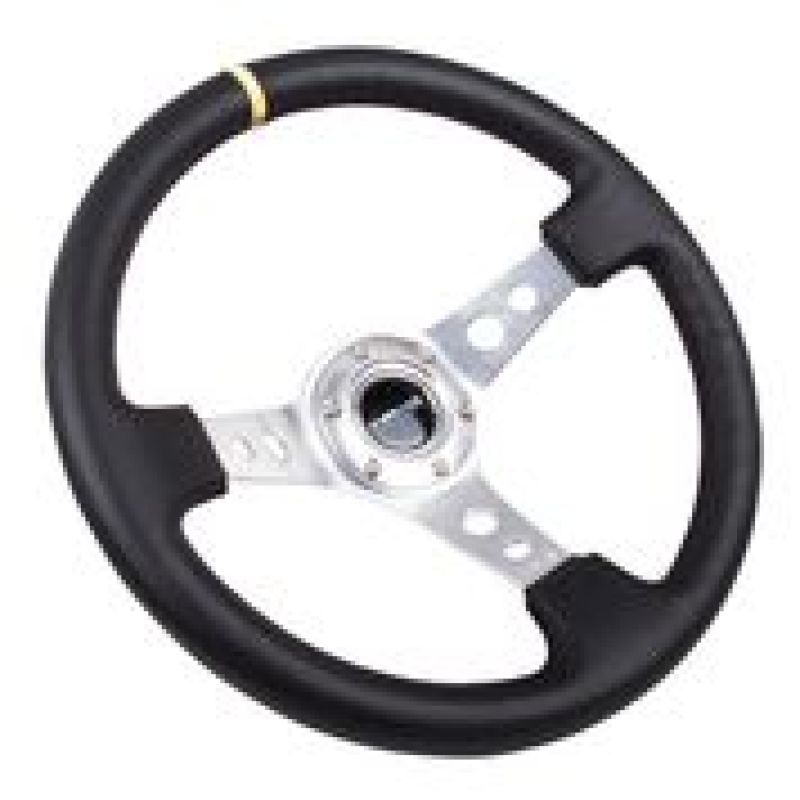 NRG Reinforced Steering Wheel (350mm / 3in. Deep) Blk Leather w/Circle Cut Spokes & Single Yellow CM - My Store