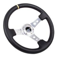 NRG Reinforced Steering Wheel (350mm / 3in. Deep) Blk Leather w/Circle Cut Spokes & Single Yellow CM - My Store