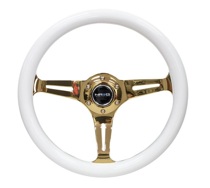 NRG Classic Wood Grain Steering Wheel (350mm) White Grip w/Chrome Gold 3 - Spoke Center - My Store