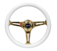NRG Classic Wood Grain Steering Wheel (350mm) White Grip w/Chrome Gold 3 - Spoke Center - My Store