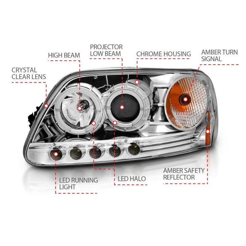 ANZO 1997.5 - 2003 Ford F - 150 Projector Headlights w/ Halo and LED Chrome 1pc - My Store