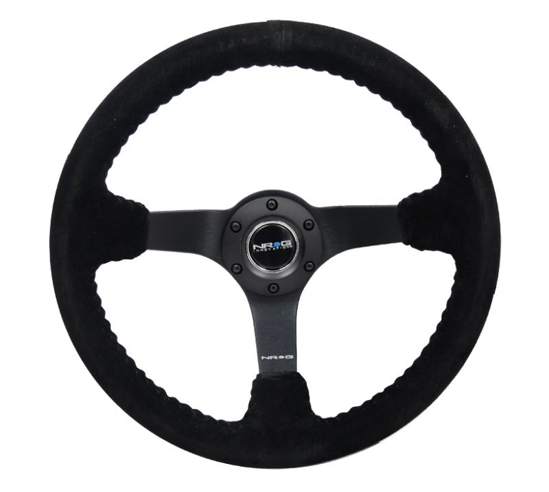 NRG Reinforced Steering Wheel (350mm / 3in. Deep) Blk Suede/Blk Bball Stitch w/5mm Matte Black Spoke - My Store
