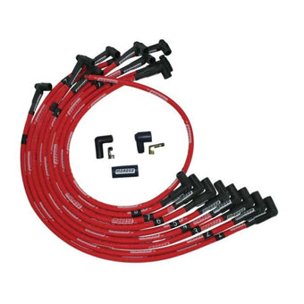 compare product Moroso SBC Over Valve Cover 90 Deg Plug HEI Sleeved Ultra Spark Plug Wire Set - Red
