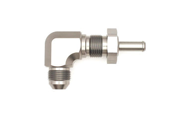 compare product DeatschWerks 8AN Male Flare To 5/16in. Male Barb Bulkhead Adapter 90-Degree (Incl. Nut)