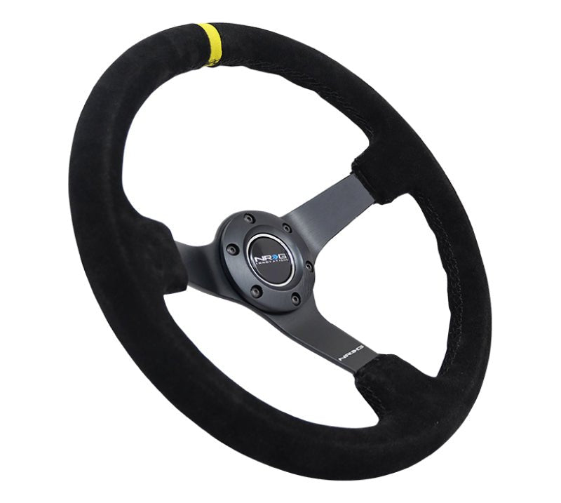 NRG Reinforced Steering Wheel (350mm / 3in. Deep) Blk Suede/X - Stitch w/5mm Blk Spoke & Yellow CM - My Store