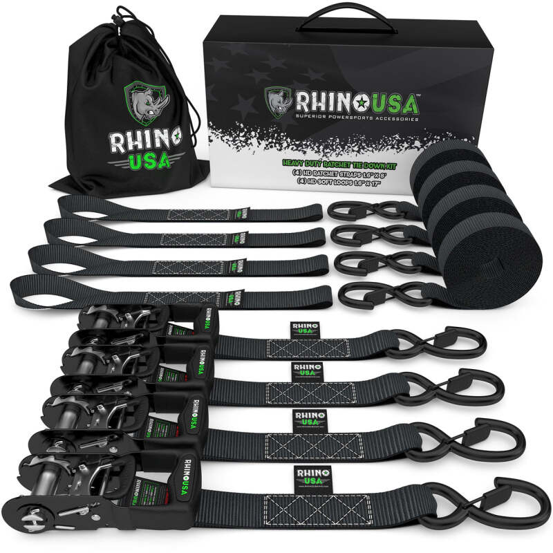 Rhino USA Heavy Duty Ratchet Tie - Down 4 - Pack (Black) 1.6In X 8Ft - My Store