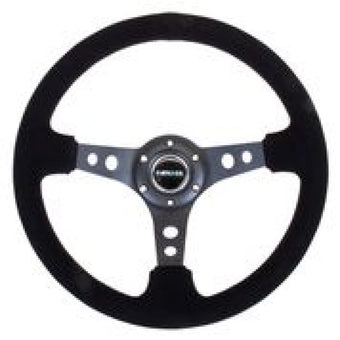 compare product NRG Reinforced Steering Wheel (350mm / 3in. Deep) Blk Suede/Blk Stitch w/Black Circle Cutout Spokes