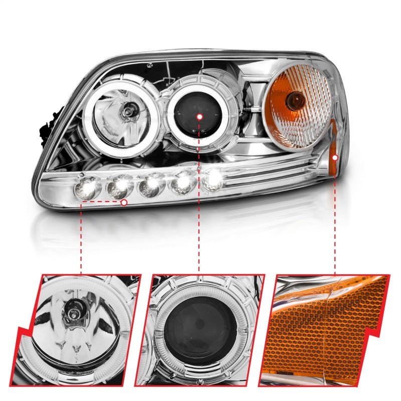 ANZO 1997.5 - 2003 Ford F - 150 Projector Headlights w/ Halo and LED Chrome 1pc - My Store
