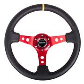 compare product NRG Reinforced Steering Wheel (350mm / 3in. Deep) Blk Leather w/Red Spokes & Sgl Yellow Center Mark