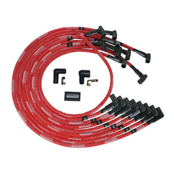 compare product Moroso BBC Under Header 90 Deg Plug Boots HEI Sleeved Ultra Spark Plug Wire Set - Red