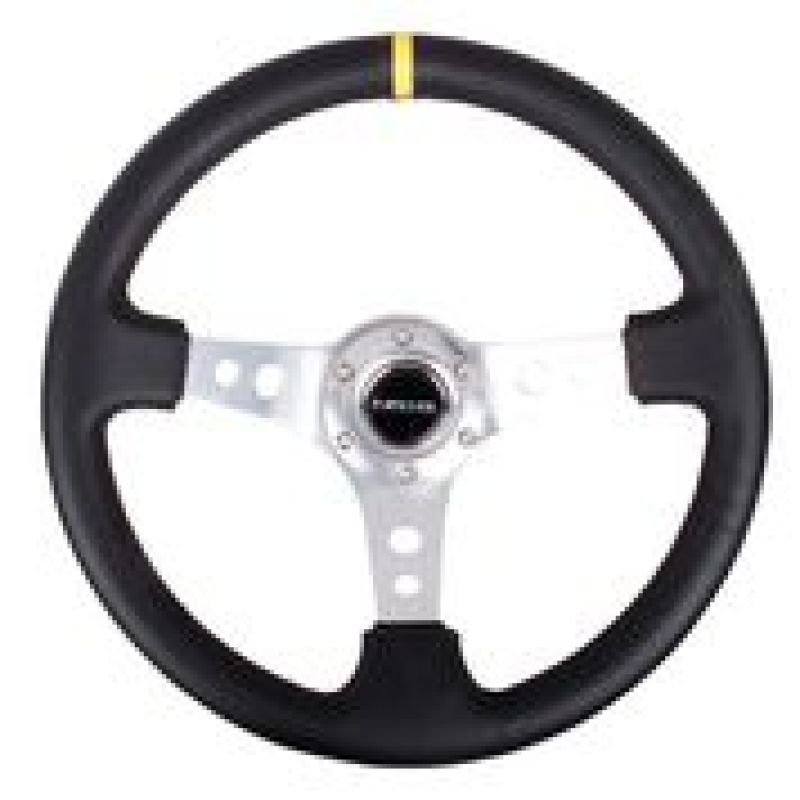 NRG Reinforced Steering Wheel (350mm / 3in. Deep) Blk Leather w/Circle Cut Spokes & Single Yellow CM - My Store