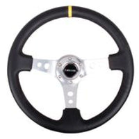 NRG Reinforced Steering Wheel (350mm / 3in. Deep) Blk Leather w/Circle Cut Spokes & Single Yellow CM - My Store
