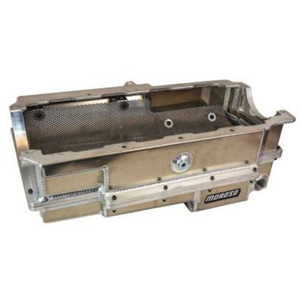 compare product Moroso Brodix 5.00in Bore Space BBC 2 Piece -16AN External Wet Sump Aluminum Oil Pan