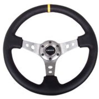 NRG Reinforced Steering Wheel (350mm / 3in. Deep) Blk Leather w/Gunmetal Cutout Spoke & Yellow CM - My Store