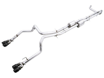 compare product AWE Tuning 22-23 GMC Sierra 1500 AT4X 6.2L 0FG Catback Split Dual (Flat Bumper) - Diamond Black Tips