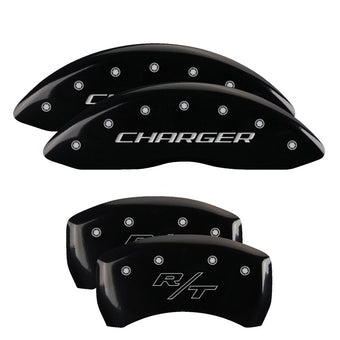 compare product MGP 4 Caliper Covers Engraved Front Charger Engraved Rear RT Black finish silver ch