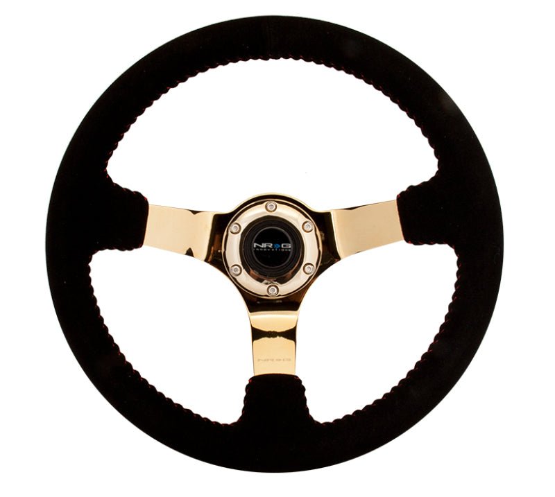 NRG Reinforced Steering Wheel (350mm / 3in. Deep) Blk Suede w/Red BBall Stitch & Chrome Gold 3 - Spoke - My Store