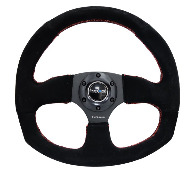 NRG Reinforced Steering Wheel (320mm Horizontal / 330mm Vertical) Suede w/Red Stitch - My Store