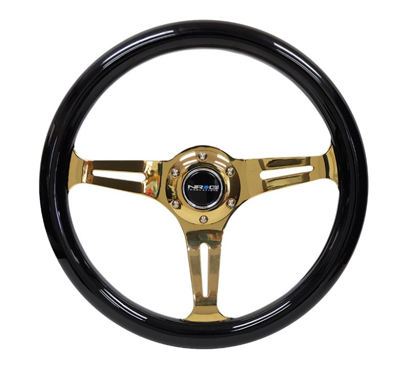 NRG Classic Wood Grain Steering Wheel (350mm) Black Grip w/Chrome Gold 3 - Spoke Center - My Store