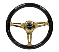 NRG Classic Wood Grain Steering Wheel (350mm) Black Grip w/Chrome Gold 3 - Spoke Center - My Store
