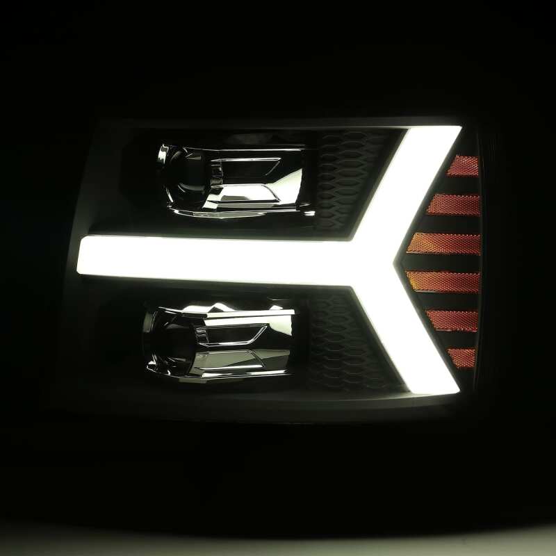 AlphaRex 07 - 13 Chevy 1500 LUXX LED Proj Headlights Plank Style Jet Blk w/ Activ Light/Seq Signal/DRL - My Store