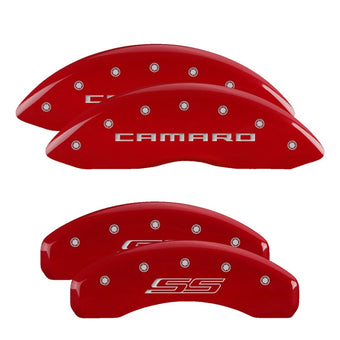 compare product MGP 4 Caliper Covers Engraved Front Gen 5/Camaro Engraved Rear Gen 5/SS Red finish silver ch