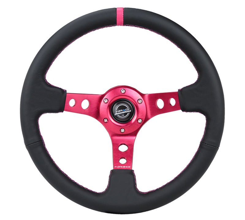 NRG Reinforced Steering Wheel (350mm/3in. Deep) Black Leather/ Fushia Center Mark/ Fushia Stitching - My Store
