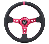 NRG Reinforced Steering Wheel (350mm/3in. Deep) Black Leather/ Fushia Center Mark/ Fushia Stitching - My Store