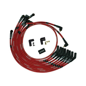 compare product Moroso SB Ford 351W 135 Deg Plug Boots Non-HEI Sleeved Ultra Spark Plug Wire Set - Red