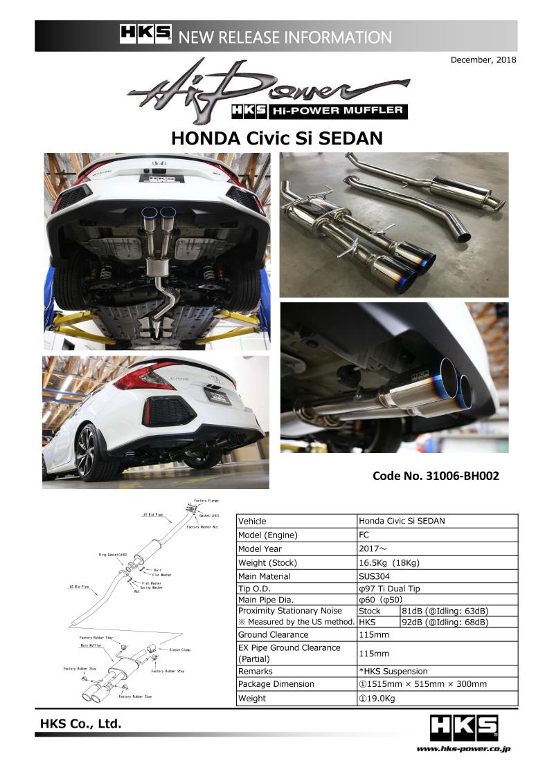 HKS 17+ Honda Civic Si Sedan (FC) Hi - Power Muffler Exhaust - My Store