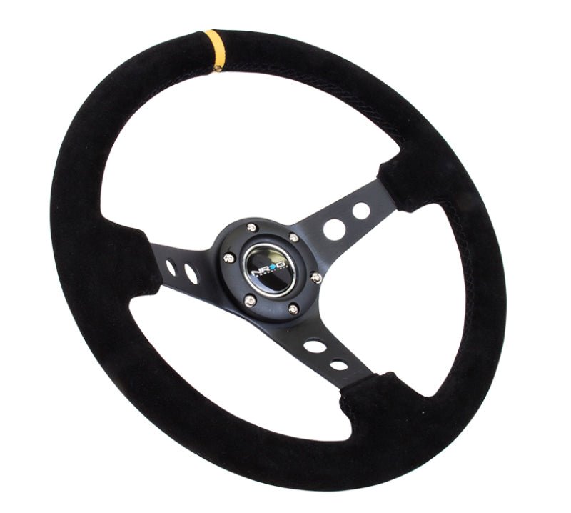 NRG Reinforced Steering Wheel (350mm / 3in. Deep) Blk Suede w/Circle Cut Spokes & Single Yellow CM - My Store