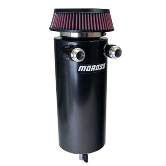 compare product Moroso 6in Diameter Dual -16AN Inlet Aluminum Breather Tank Catch Can - Black