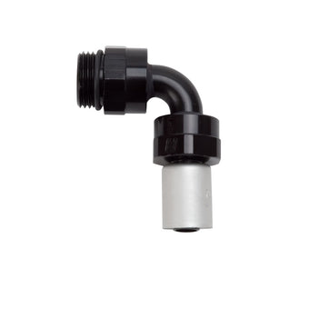 compare product Russell Performance -8 SAE Port Male to -8 AN Hose 90 Degree Crimp On Hose End - Black Anodized