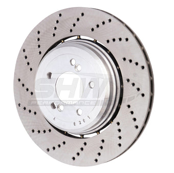 compare product SHW 06-10 BMW M5 5.0L Left Rear Cross-Drilled Lightweight Brake Rotor (34212282807)