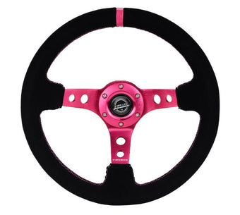 compare product NRG Reinforced Steering Wheel (350mm/ 3in. Deep) Black Suede/ Fushia Center Mark/ Fushia Stitching