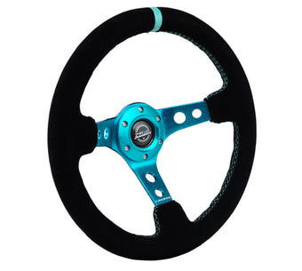 compare product NRG Reinforced Steering Wheel (350mm/ 3in. Deep) Black Suede/ Teal Center Mark/ Teal Stitching