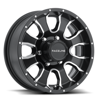 compare product Raceline 860M Mamba 15x5in / 5x114.3 BP / -0.125mm Offset / 3.190mm Bore - Black & Machined Wheel