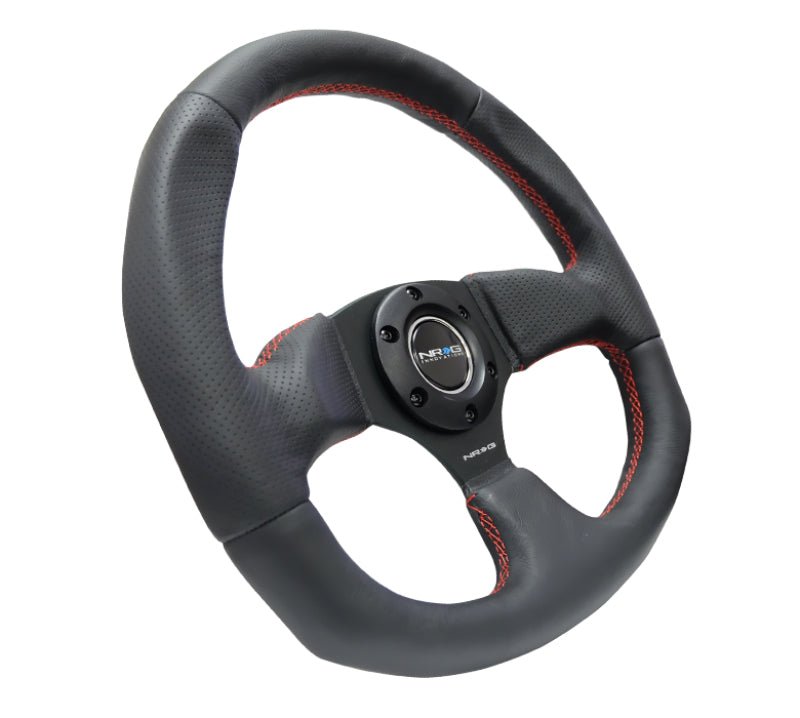 NRG Reinforced Steering Wheel (320mm Horizontal / 330mm Vertical) Leather w/Red Stitching - My Store