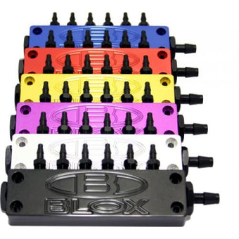 compare product BLOX Racing 6-Port Billet Aluminum Black Universal with Fittings and Plugs