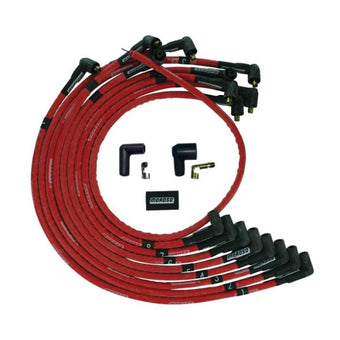compare product Moroso SBC Over Valve Cover 90Deg Plug Non-HEI Sleeved Ultra Spark Plug Wire Set - Red