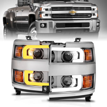compare product ANZO Projector Headlights 15-17 Chevrolet Silverado 2500HD / 3500HD Chrome w/ Chrome Rim