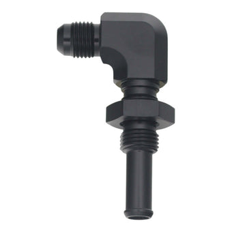 compare product DeatschWerks 6AN Male Flare to 90-Degree 3/8in Single Hose Barb - Anodized Matte Black