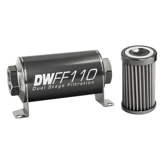 compare product DeatschWerks Stainless Steel 8AN 40 Micron Universal Inline Fuel Filter Housing Kit (110mm)
