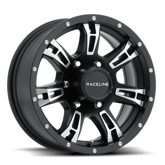 compare product Raceline 840 Arsenal 16x6in / 8x165.1 BP / 0mm Offset / 4.90mm Bore - Black & Machined Wheel