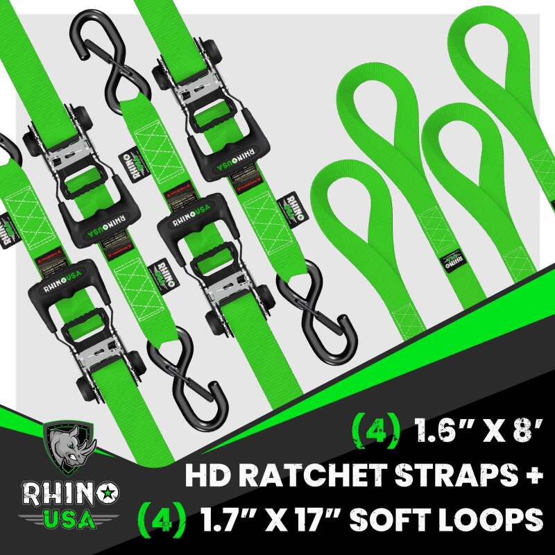 Rhino USA Heavy Duty Ratchet Tie - Down 4 - Pack (Green) 1.6In X 8Ft - My Store