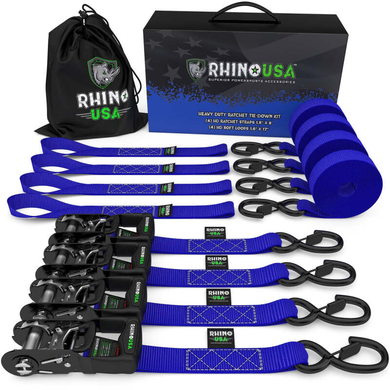 Rhino USA Heavy Duty Ratchet Tie - Down 4 - Pack Blue 1.6In X 15Ft - My Store