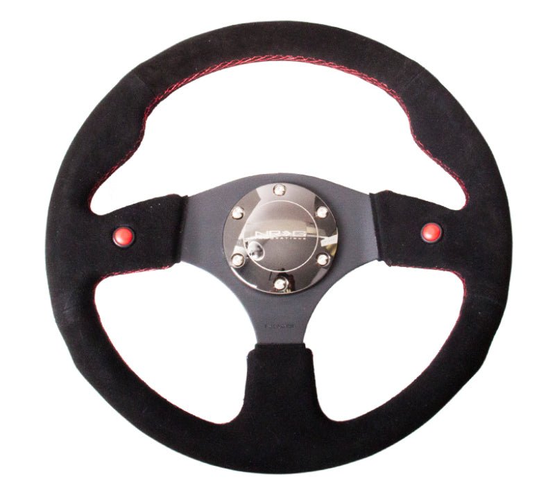 NRG Reinforced Steering Wheel (320mm) Blk Suede w/Dual Buttons - My Store
